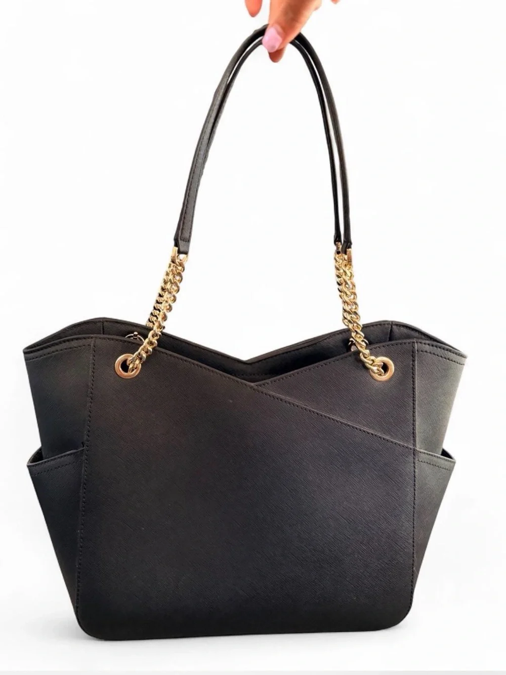 MICHAEL KORS Black Saffiano Leather Tote with Gold Chain Accents